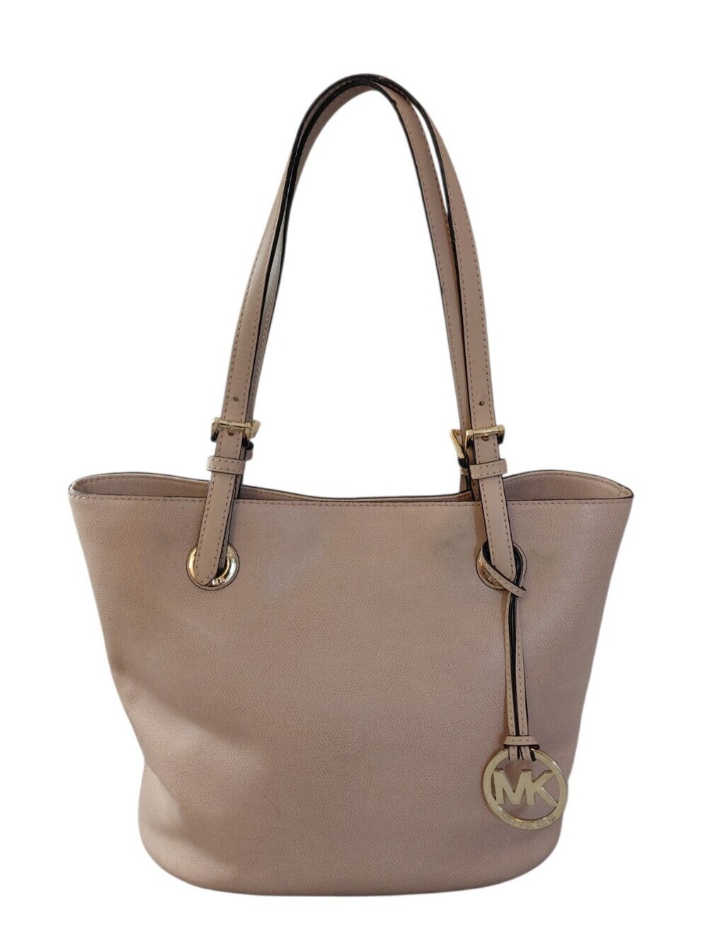 Michael Kors Peach Beige Leather Tote Shoulder Bag w Gold MK Charm